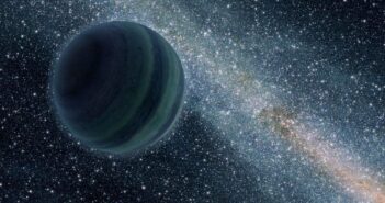 A rendering of a Jupiter-like planet floating in front of a galaxy.