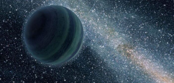 A rendering of a Jupiter-like planet floating in front of a galaxy.