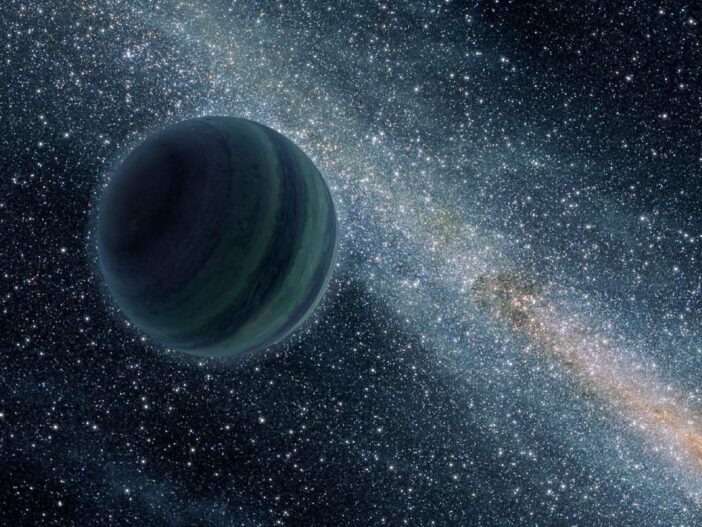 A rendering of a Jupiter-like planet floating in front of a galaxy.
