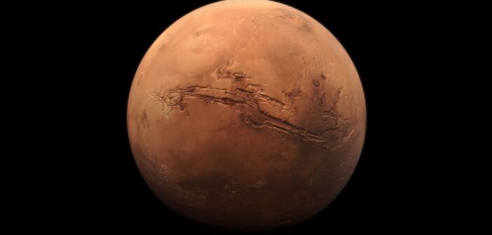 A photograph of an entire visible hemisphere of Mars.