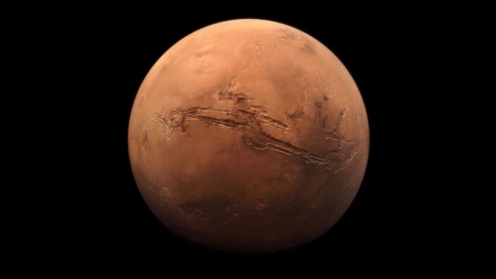 A photograph of an entire visible hemisphere of Mars.