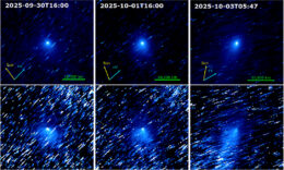 Multi-panel photographs of a comet against a background of streaked stars.