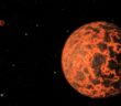 A rendering of an orange and grey planet against a dark background.