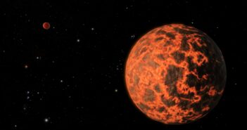 A rendering of an orange and grey planet against a dark background.