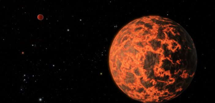 A rendering of an orange and grey planet against a dark background.