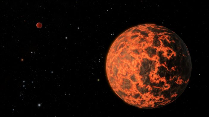 A rendering of an orange and grey planet against a dark background.