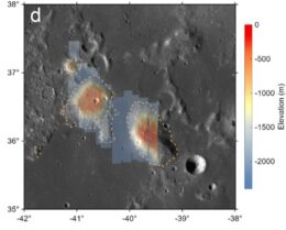 A photograph from orbit of two volcanic mounds on the moon.