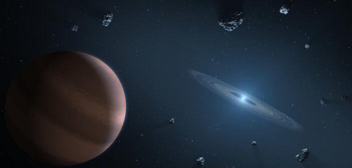 A rendering of a small star surrounded by a ring of gas and some larger asteroids.