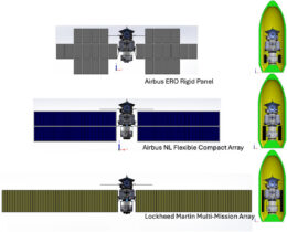 A 3-row figure showing the same interplanetary probe flanked by every-growing sets of solar panels.
