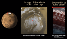 Three views of Mars: one distant, one zoomed in on the north polar ice cap, and one showing layers of ice in a trough on the ice cap