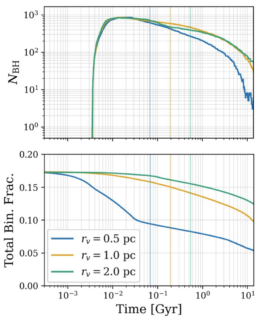 Plot that shows the number of black holes and total binary fraction in simulated globular clusters with time.
