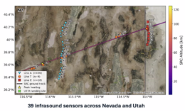 A map with the capsule's trajectory and two lines of sensors intersecting that trajectory