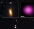 Visible and x-ray image of a galaxy indicating the possible presence of an accreting black hole offset from the galaxy's center.