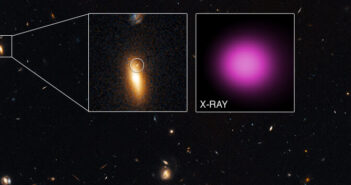 Visible and x-ray image of a galaxy indicating the possible presence of an accreting black hole offset from the galaxy's center.