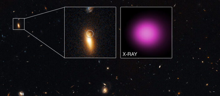 Visible and x-ray image of a galaxy indicating the possible presence of an accreting black hole offset from the galaxy's center.