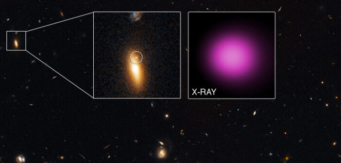 Visible and x-ray image of a galaxy indicating the possible presence of an accreting black hole offset from the galaxy's center.